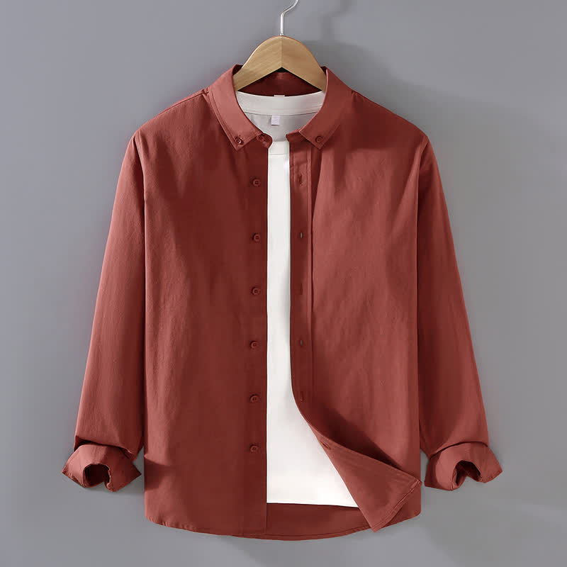 Buddha Stones Lässige, minimalistische Langarmhemden aus einfarbiger Baumwolle für Herren – ideal für Frühling und Herbst - IndianRed - US/UK/AU42, EU52 (3XL) - image 13