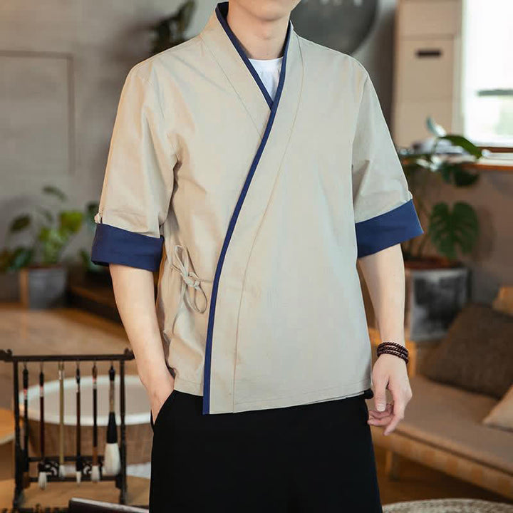 Buddha Stones Sommerlicher Kimono im minimalistischen Tang-Stil mit Kordelzug, V-Ausschnitt, Dreiviertelärmeln und einfarbigem Design für Herren. - Beige - US/UK/AU46, EU56 (5XL) - image 12