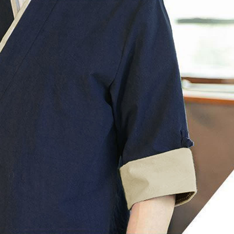 Buddha Stones Sommerlicher Kimono im minimalistischen Tang-Stil mit Kordelzug, V-Ausschnitt, Dreiviertelärmeln und einfarbigem Design für Herren. - image 7