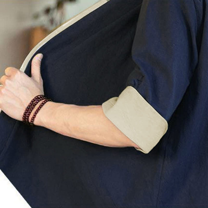 Buddha Stones Sommerlicher Kimono im minimalistischen Tang-Stil mit Kordelzug, V-Ausschnitt, Dreiviertelärmeln und einfarbigem Design für Herren. - image 8
