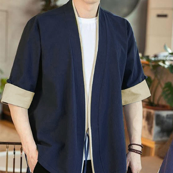 Buddha Stones Sommerlicher Kimono im minimalistischen Tang-Stil mit Kordelzug, V-Ausschnitt, Dreiviertelärmeln und einfarbigem Design für Herren. - image 3