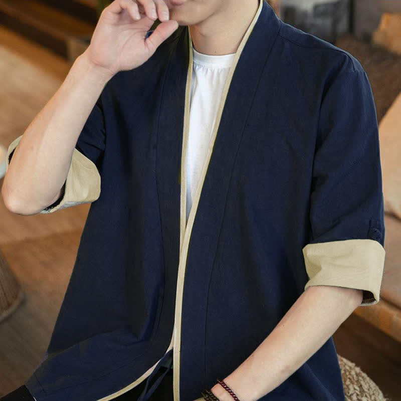 Buddha Stones Sommerlicher Kimono im minimalistischen Tang-Stil mit Kordelzug, V-Ausschnitt, Dreiviertelärmeln und einfarbigem Design für Herren. - image 4