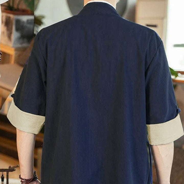 Buddha Stones Sommerlicher Kimono im minimalistischen Tang-Stil mit Kordelzug, V-Ausschnitt, Dreiviertelärmeln und einfarbigem Design für Herren. - image 6