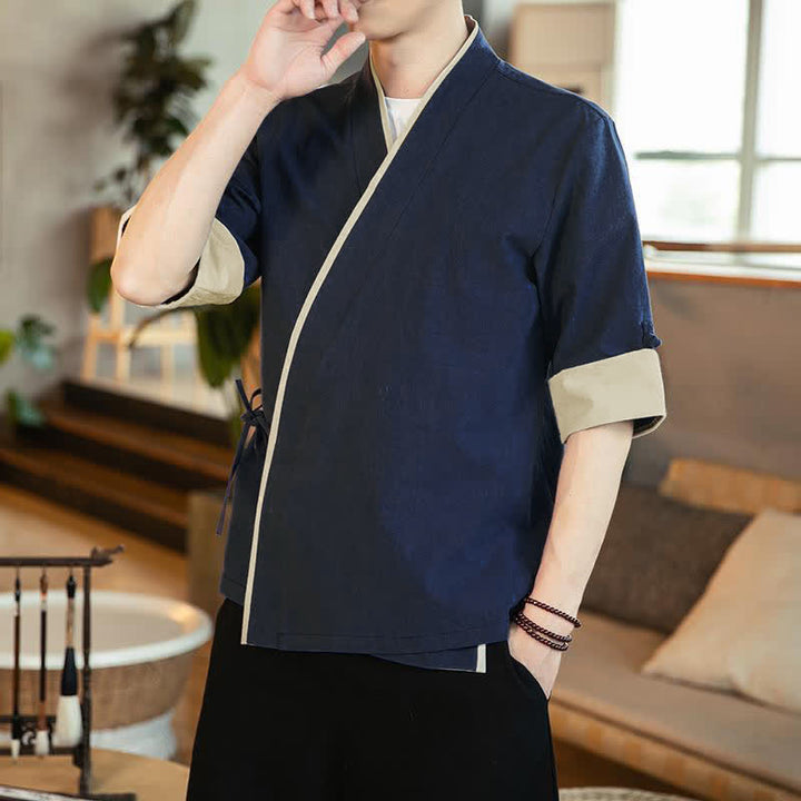 Buddha Stones Sommerlicher Kimono im minimalistischen Tang-Stil mit Kordelzug, V-Ausschnitt, Dreiviertelärmeln und einfarbigem Design für Herren. - Marine - US/UK/AU46, EU56 (5XL) - image 0