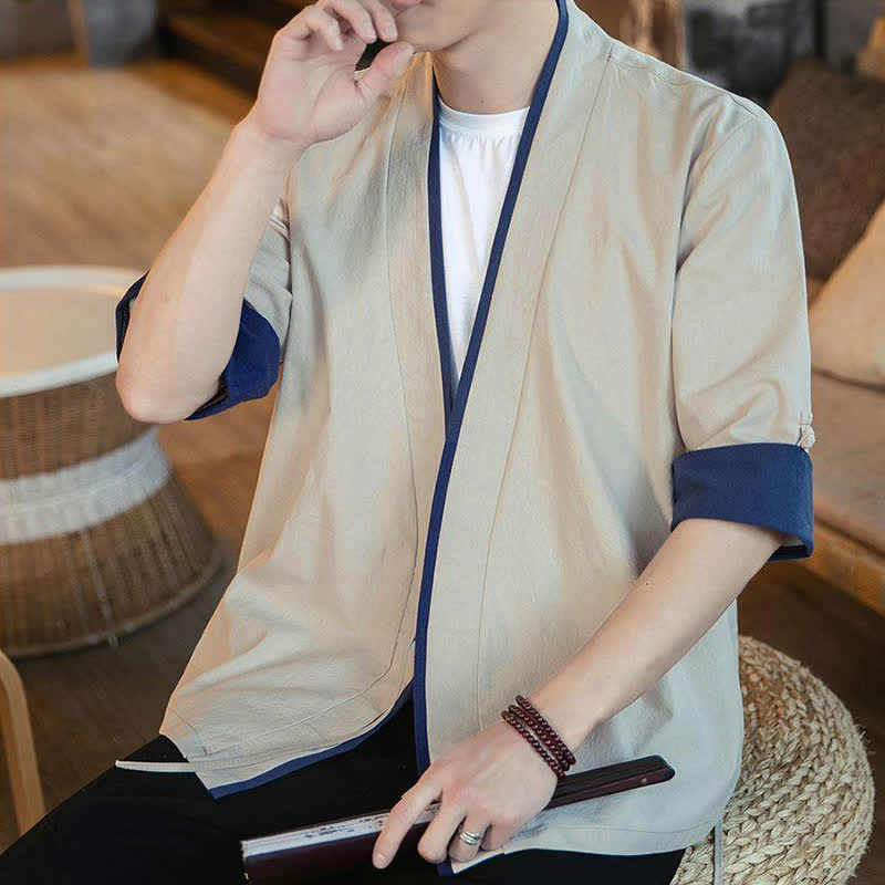 Buddha Stones Sommerlicher Kimono im minimalistischen Tang-Stil mit Kordelzug, V-Ausschnitt, Dreiviertelärmeln und einfarbigem Design für Herren. - image 15