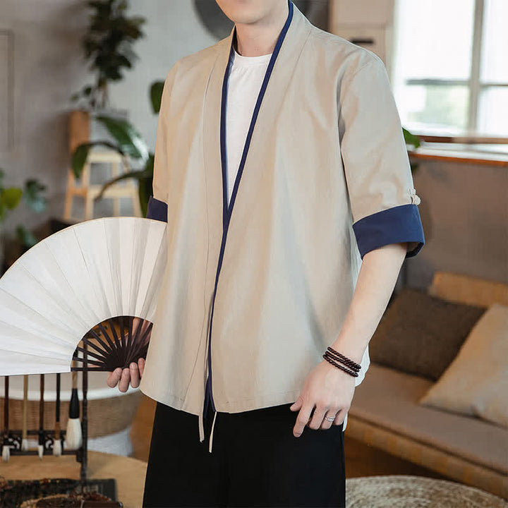 Buddha Stones Sommerlicher Kimono im minimalistischen Tang-Stil mit Kordelzug, V-Ausschnitt, Dreiviertelärmeln und einfarbigem Design für Herren. - image 13
