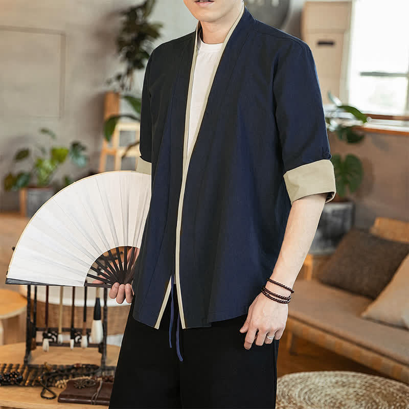 Buddha Stones Sommerlicher Kimono im minimalistischen Tang-Stil mit Kordelzug, V-Ausschnitt, Dreiviertelärmeln und einfarbigem Design für Herren. - image 1