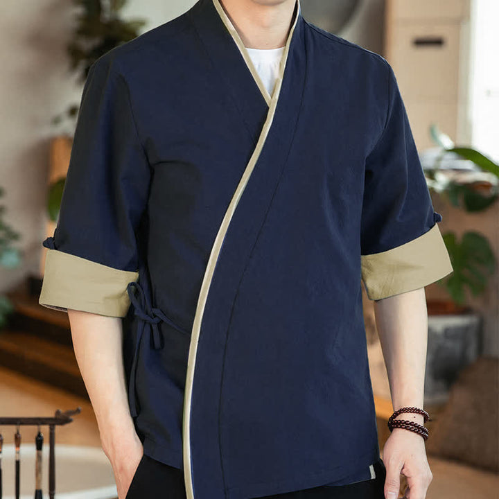Buddha Stones Sommerlicher Kimono im minimalistischen Tang-Stil mit Kordelzug, V-Ausschnitt, Dreiviertelärmeln und einfarbigem Design für Herren. - image 2
