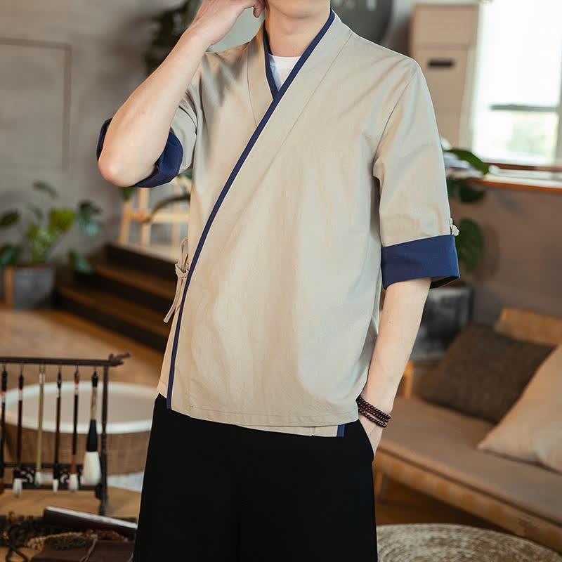 Buddha Stones Sommerlicher Kimono im minimalistischen Tang-Stil mit Kordelzug, V-Ausschnitt, Dreiviertelärmeln und einfarbigem Design für Herren. - image 14