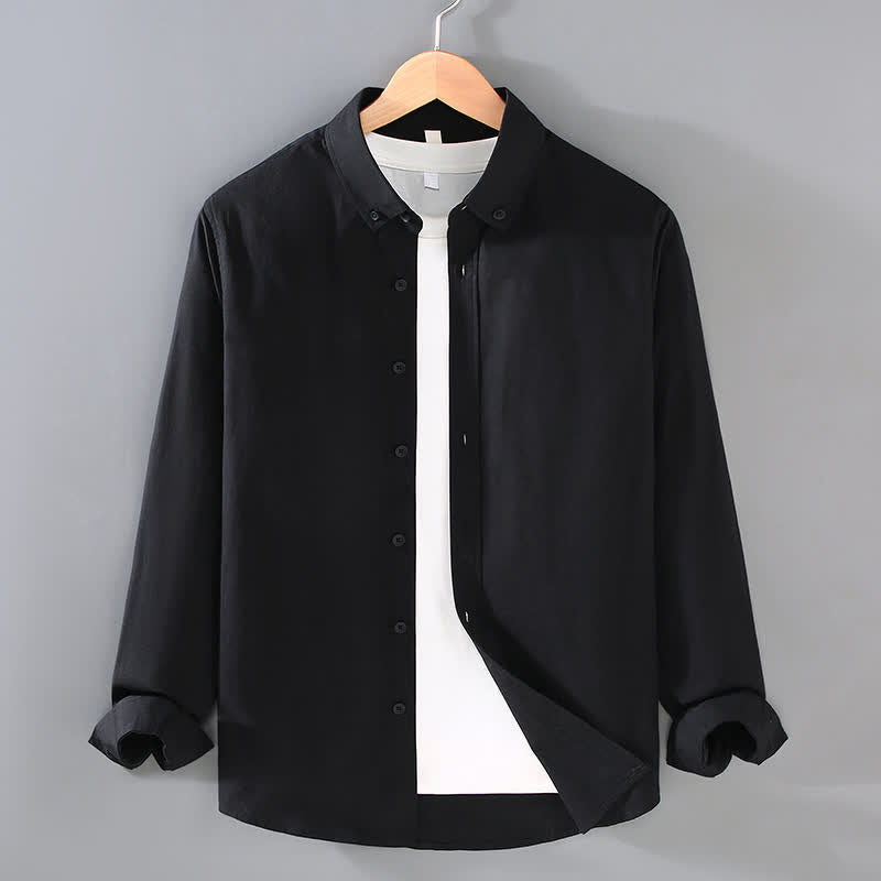 Buddha Stones Lässige, minimalistische Langarmhemden aus einfarbiger Baumwolle für Herren – ideal für Frühling und Herbst - Schwarz - US/UK/AU42, EU52 (3XL) - image 8