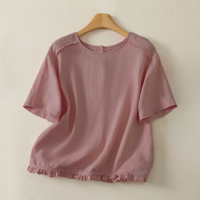 Buddha Stones Lässiges, minimalistisches Kurzarm-T-Shirt für Damen mit Rüschensaum - Hellrosa - US12, UK/AU16, EU44 (2XL) - image 2