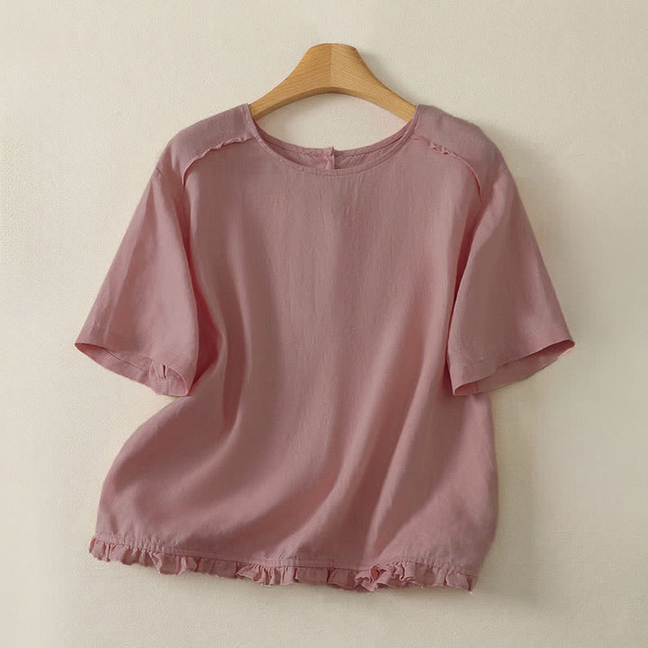 Buddha Stones Lässiges, minimalistisches Kurzarm-T-Shirt für Damen mit Rüschensaum - Hellrosa - US12, UK/AU16, EU44 (2XL) - image 2