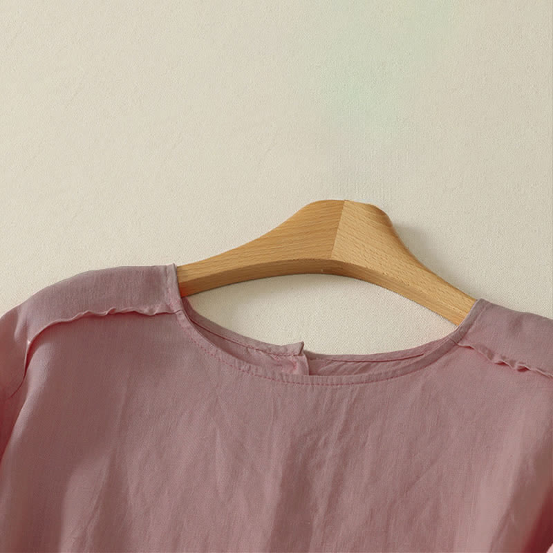 Buddha Stones Lässiges, minimalistisches Kurzarm-T-Shirt für Damen mit Rüschensaum - image 4