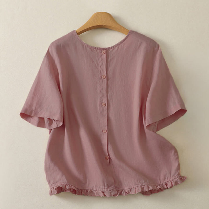 Buddha Stones Lässiges, minimalistisches Kurzarm-T-Shirt für Damen mit Rüschensaum - image 3