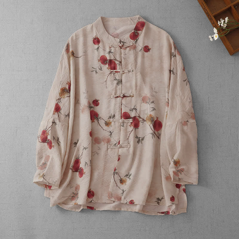 Buddha Stones Sommer Tang Style Vintage Froschknopf Granatapfel Druck Damen Langarmhemden - Beige - US14, UK/AU18, EU46 (2XL) - image 0
