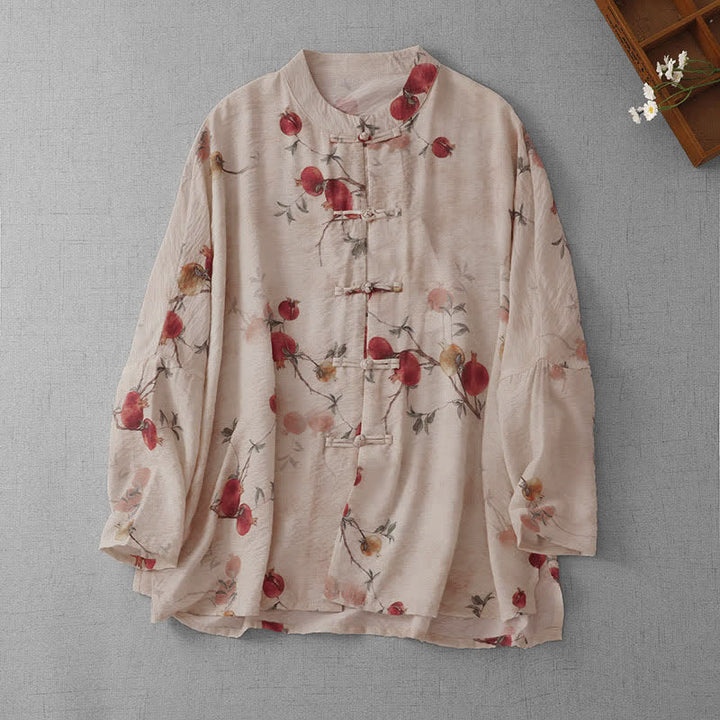 Buddha Stones Sommer Tang Style Vintage Froschknopf Granatapfel Druck Damen Langarmhemden - Beige - US14, UK/AU18, EU46 (2XL) - image 0