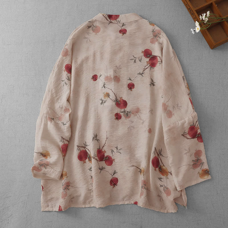 Buddha Stones Sommer Tang Style Vintage Froschknopf Granatapfel Druck Damen Langarmhemden - image 1