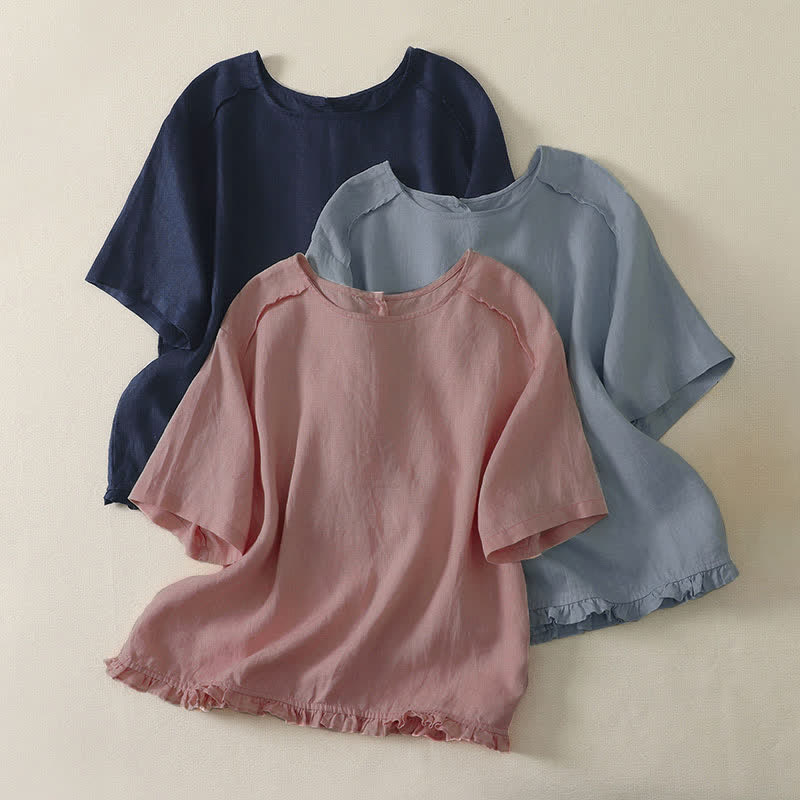 Buddha Stones Lässiges, minimalistisches Kurzarm-T-Shirt für Damen mit Rüschensaum - image 0