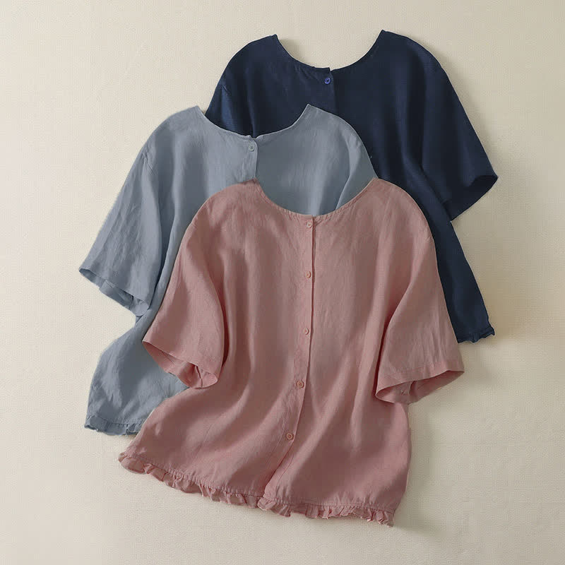 Buddha Stones Lässiges, minimalistisches Kurzarm-T-Shirt für Damen mit Rüschensaum - image 1
