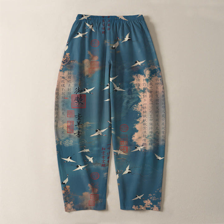 Buddha Stones Herrenhose aus reiner Baumwolle mit Kranich- und Wolkenmuster, Kordelzug, schmal zulaufendem Bein und Taschen - image 3