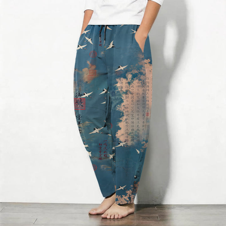 Buddha Stones Herrenhose aus reiner Baumwolle mit Kranich- und Wolkenmuster, Kordelzug, schmal zulaufendem Bein und Taschen - image 1
