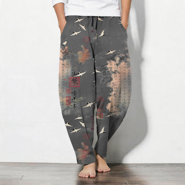 Buddha Stones Herrenhose aus reiner Baumwolle mit Kranich- und Wolkenmuster, Kordelzug, schmal zulaufendem Bein und Taschen - DimGray - US/ UK/AU50, EU60 (5XL) - image 7