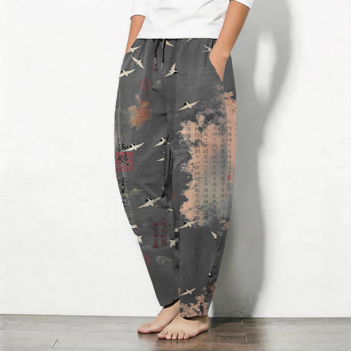 Buddha Stones Herrenhose aus reiner Baumwolle mit Kranich- und Wolkenmuster, Kordelzug, schmal zulaufendem Bein und Taschen - image 8
