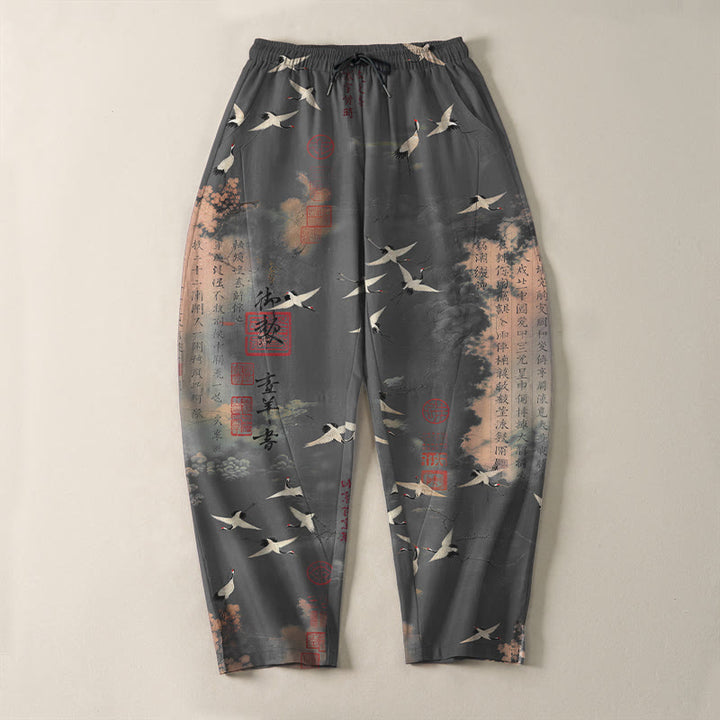 Buddha Stones Herrenhose aus reiner Baumwolle mit Kranich- und Wolkenmuster, Kordelzug, schmal zulaufendem Bein und Taschen - image 9