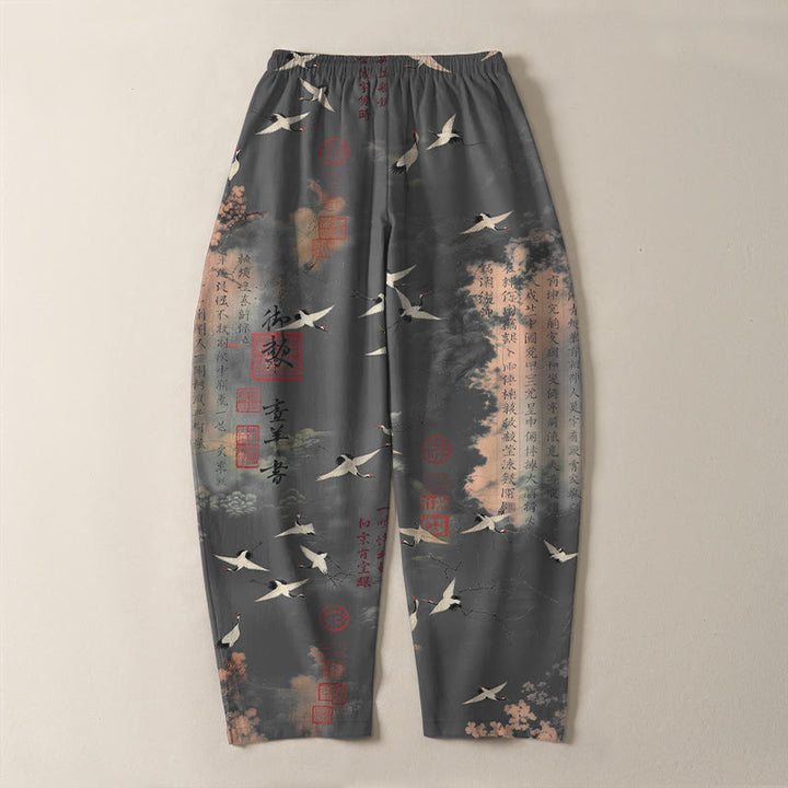 Buddha Stones Herrenhose aus reiner Baumwolle mit Kranich- und Wolkenmuster, Kordelzug, schmal zulaufendem Bein und Taschen - image 10