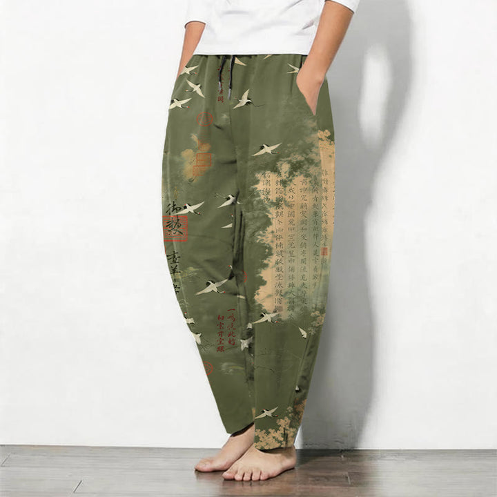 Buddha Stones Herrenhose aus reiner Baumwolle mit Kranich- und Wolkenmuster, Kordelzug, schmal zulaufendem Bein und Taschen - image 12