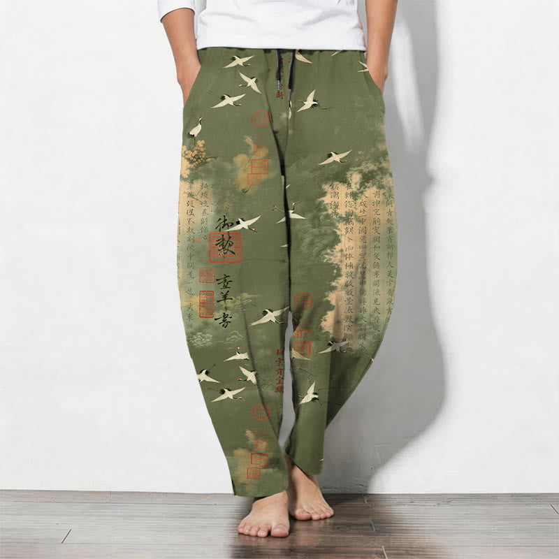 Buddha Stones Herrenhose aus reiner Baumwolle mit Kranich- und Wolkenmuster, Kordelzug, schmal zulaufendem Bein und Taschen - Olivgrün - US/ UK/AU50, EU60 (5XL) - image 11
