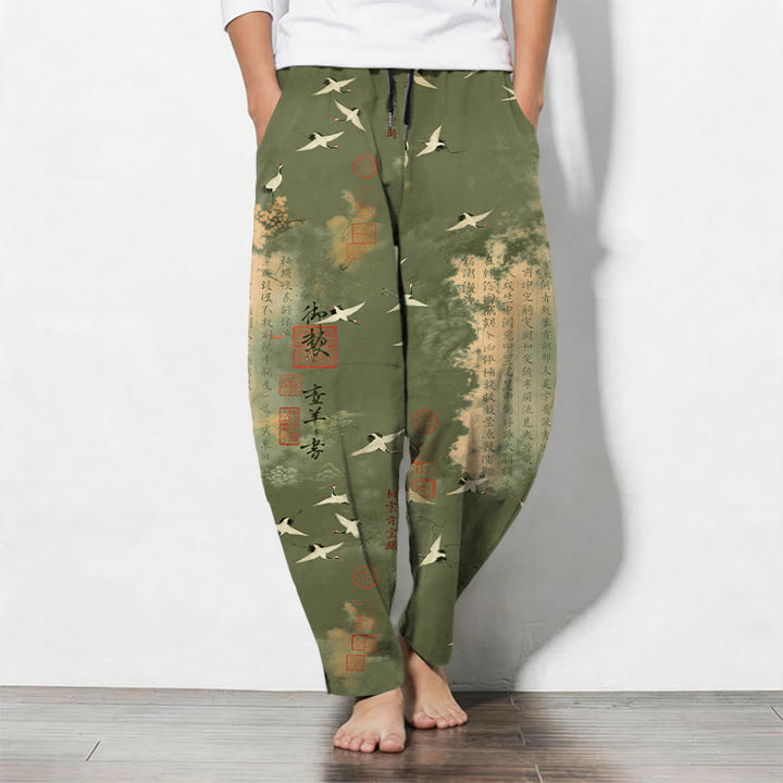 Buddha Stones Herrenhose aus reiner Baumwolle mit Kranich- und Wolkenmuster, Kordelzug, schmal zulaufendem Bein und Taschen - Olivgrün - US/ UK/AU50, EU60 (5XL) - image 11