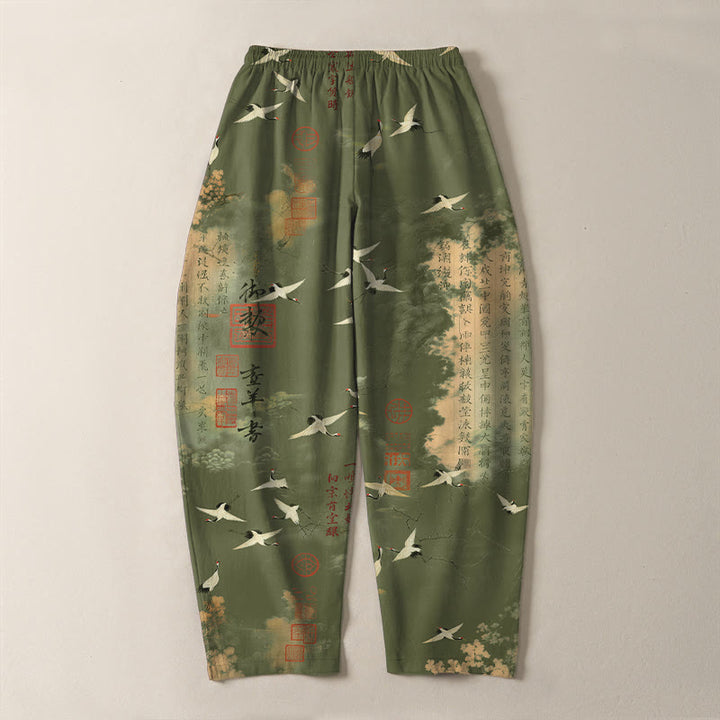 Buddha Stones Herrenhose aus reiner Baumwolle mit Kranich- und Wolkenmuster, Kordelzug, schmal zulaufendem Bein und Taschen - image 14