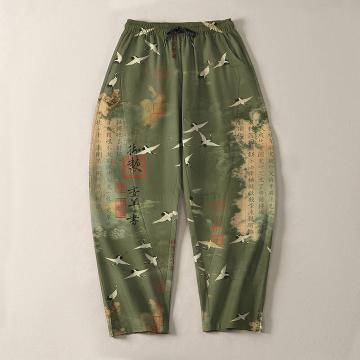 Buddha Stones Herrenhose aus reiner Baumwolle mit Kranich- und Wolkenmuster, Kordelzug, schmal zulaufendem Bein und Taschen - image 13