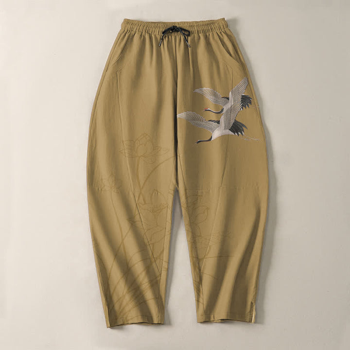 Buddha Stones Herrenhose aus reiner Baumwolle mit Kranich- und Lotusmuster, Kordelzug, schmal zulaufendem Schnitt und Taschen - image 9