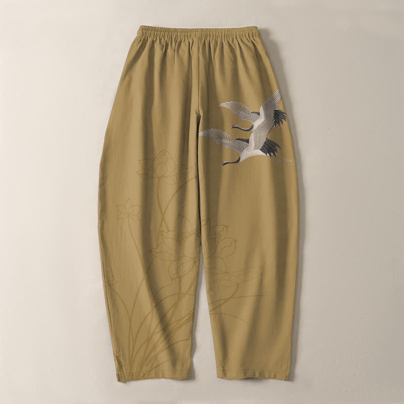 Buddha Stones Herrenhose aus reiner Baumwolle mit Kranich- und Lotusmuster, Kordelzug, schmal zulaufendem Schnitt und Taschen - image 10