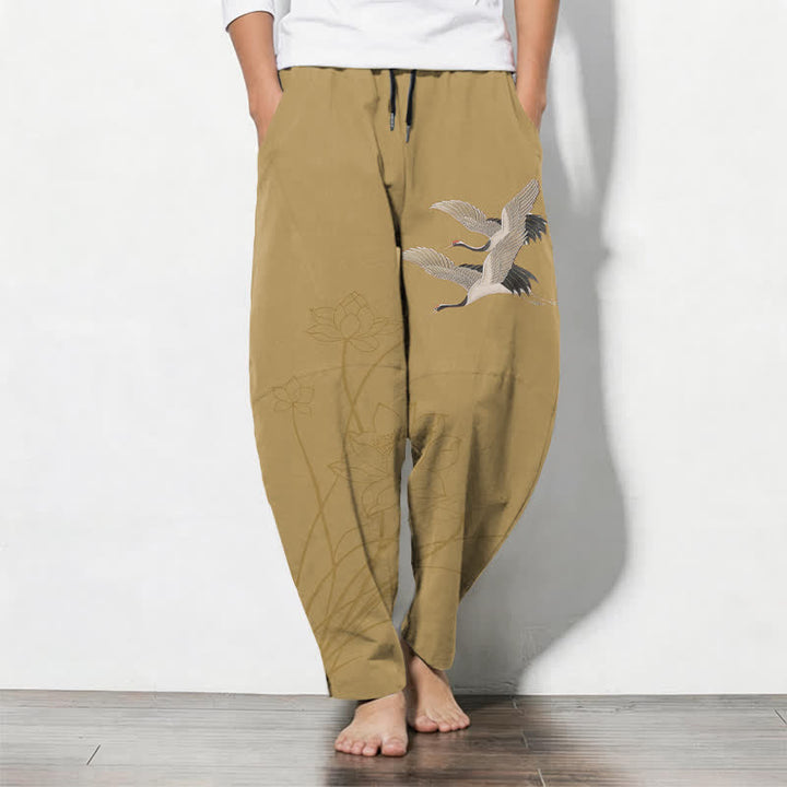 Buddha Stones Herrenhose aus reiner Baumwolle mit Kranich- und Lotusmuster, Kordelzug, schmal zulaufendem Schnitt und Taschen - Dunkelkhaki - US/ UK/AU50, EU60 (5XL) - image 7