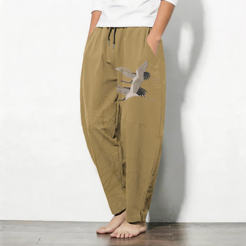 Buddha Stones Herrenhose aus reiner Baumwolle mit Kranich- und Lotusmuster, Kordelzug, schmal zulaufendem Schnitt und Taschen - image 8
