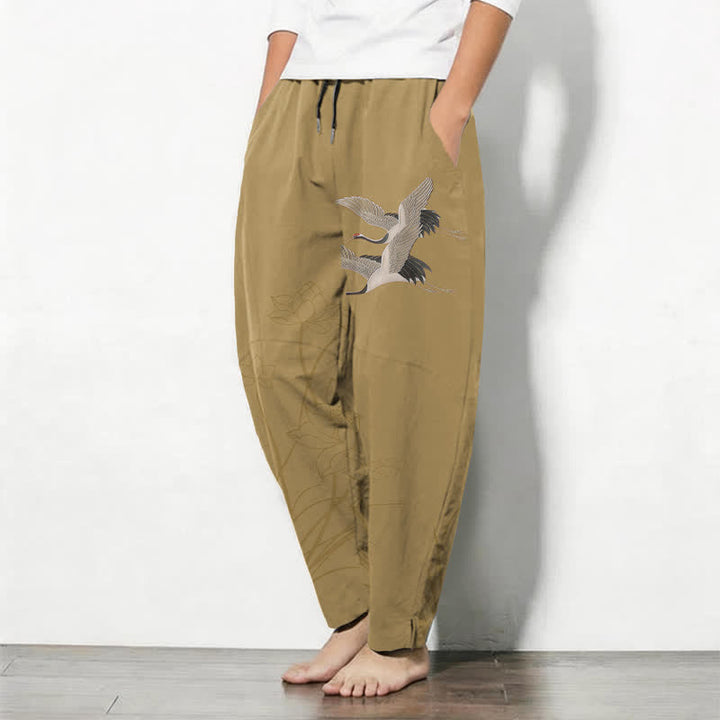 Buddha Stones Herrenhose aus reiner Baumwolle mit Kranich- und Lotusmuster, Kordelzug, schmal zulaufendem Schnitt und Taschen - image 8