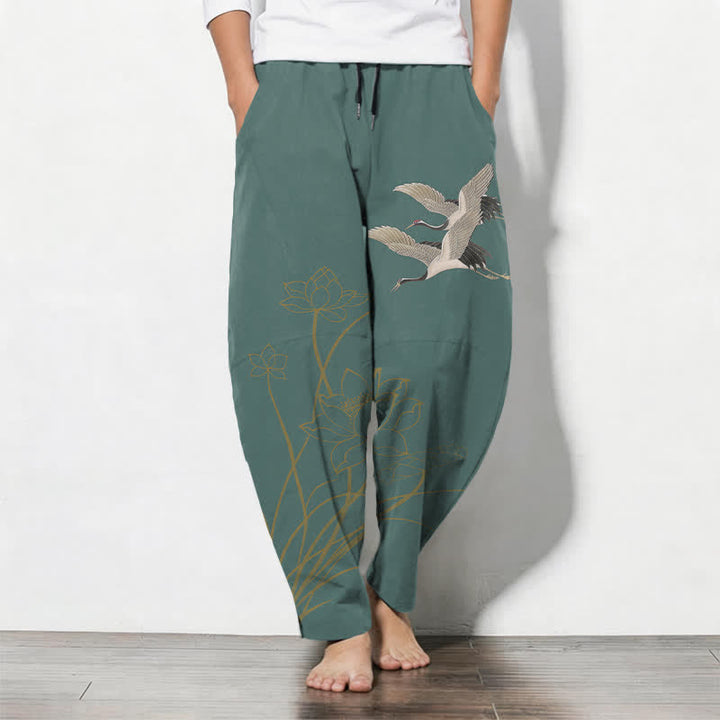 Buddha Stones Herrenhose aus reiner Baumwolle mit Kranich- und Lotusmuster, Kordelzug, schmal zulaufendem Schnitt und Taschen - Türkis - US/ UK/AU50, EU60 (5XL) - image 11