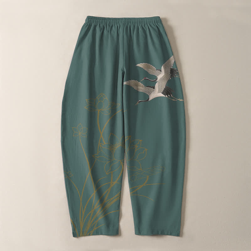 Buddha Stones Herrenhose aus reiner Baumwolle mit Kranich- und Lotusmuster, Kordelzug, schmal zulaufendem Schnitt und Taschen - image 14