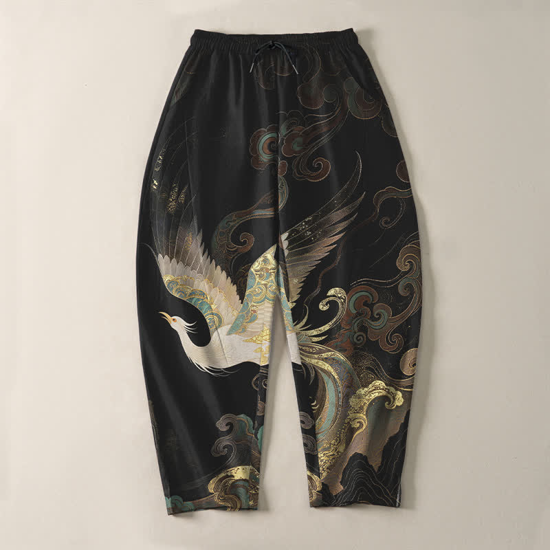 Buddha Stones Herrenhose aus reiner Baumwolle mit Kranich-, Wolken- und Wellenmuster, Kordelzug, schmal zulaufender Schnitt und Taschen - image 2
