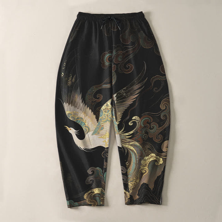 Buddha Stones Herrenhose aus reiner Baumwolle mit Kranich-, Wolken- und Wellenmuster, Kordelzug, schmal zulaufender Schnitt und Taschen - image 2