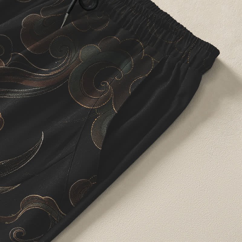 Buddha Stones Herrenhose aus reiner Baumwolle mit Kranich-, Wolken- und Wellenmuster, Kordelzug, schmal zulaufender Schnitt und Taschen - image 4