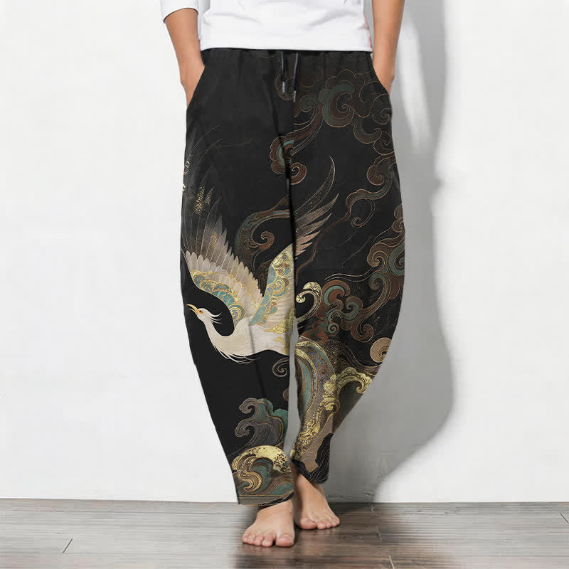 Buddha Stones Herrenhose aus reiner Baumwolle mit Kranich-, Wolken- und Wellenmuster, Kordelzug, schmal zulaufender Schnitt und Taschen - Schwarz - US/ UK/AU50, EU60 (5XL) - image 0