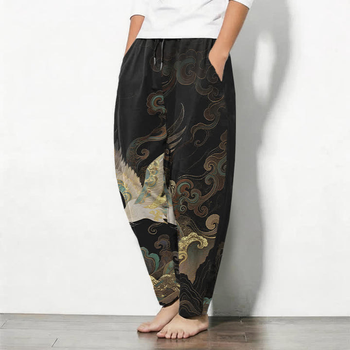 Buddha Stones Herrenhose aus reiner Baumwolle mit Kranich-, Wolken- und Wellenmuster, Kordelzug, schmal zulaufender Schnitt und Taschen - image 1
