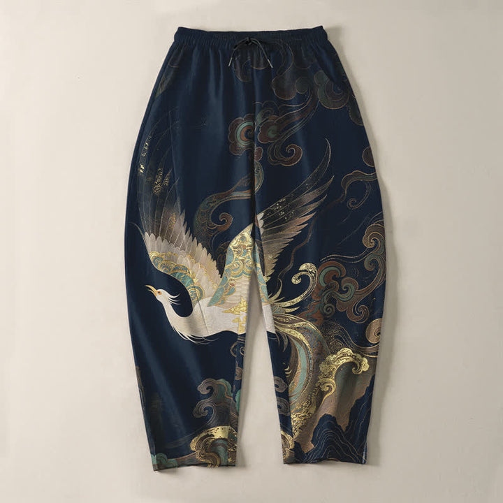 Buddha Stones Herrenhose aus reiner Baumwolle mit Kranich-, Wolken- und Wellenmuster, Kordelzug, schmal zulaufender Schnitt und Taschen - image 9