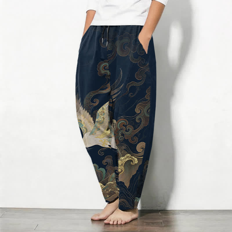Buddha Stones Herrenhose aus reiner Baumwolle mit Kranich-, Wolken- und Wellenmuster, Kordelzug, schmal zulaufender Schnitt und Taschen - image 8