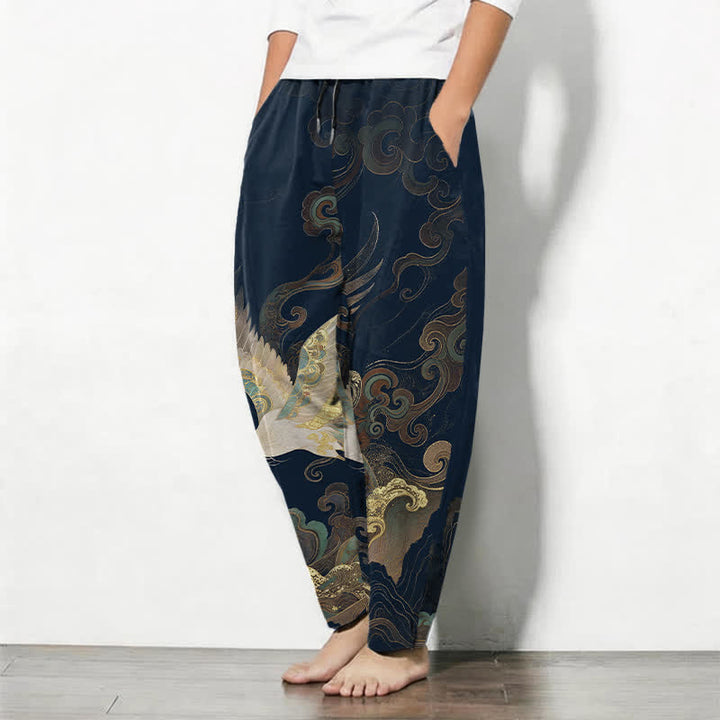 Buddha Stones Herrenhose aus reiner Baumwolle mit Kranich-, Wolken- und Wellenmuster, Kordelzug, schmal zulaufender Schnitt und Taschen - image 8