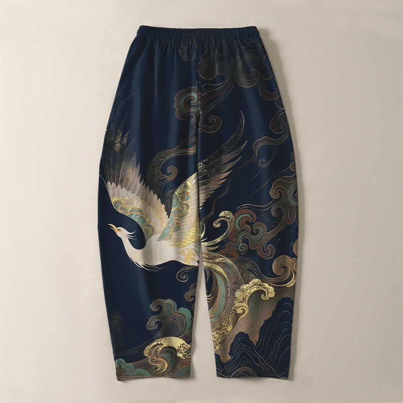 Buddha Stones Herrenhose aus reiner Baumwolle mit Kranich-, Wolken- und Wellenmuster, Kordelzug, schmal zulaufender Schnitt und Taschen - image 10
